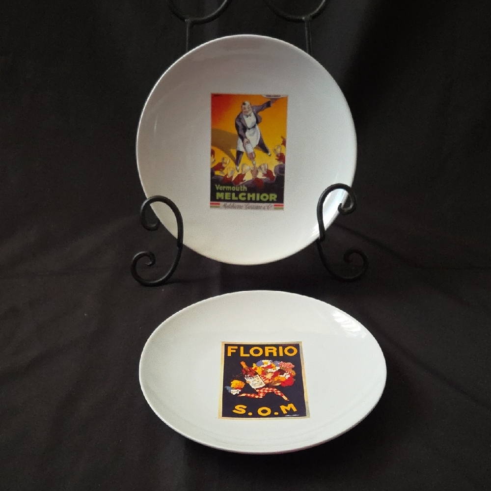 Pottery Barn White Plates with Vintage Poster Designs